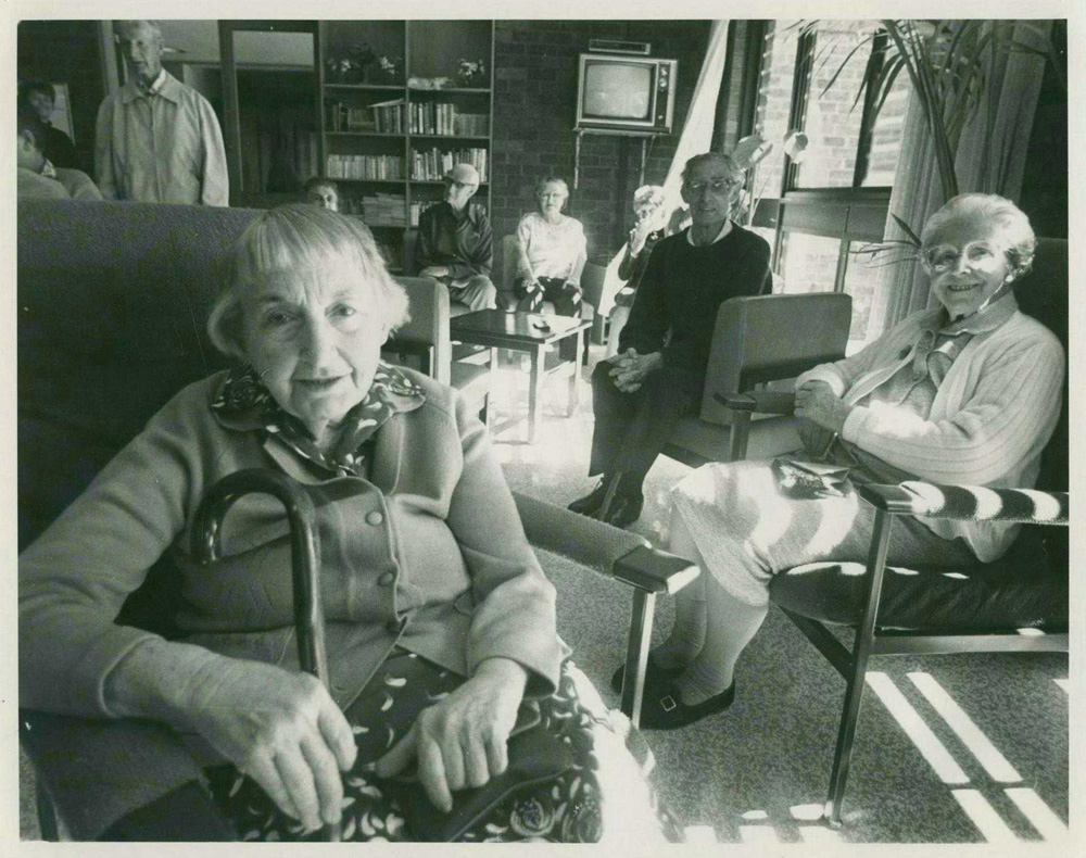 This is a black and white photo of residents at Sumner House